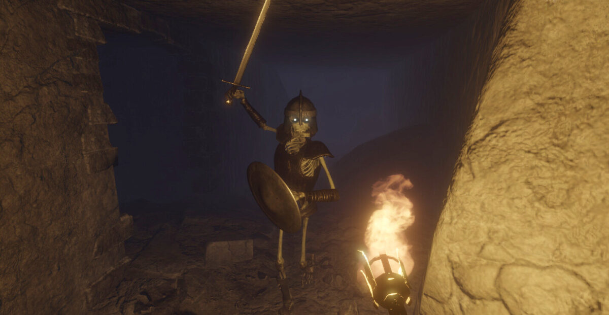 A skeleton warrior with raised sword in a dim cave.