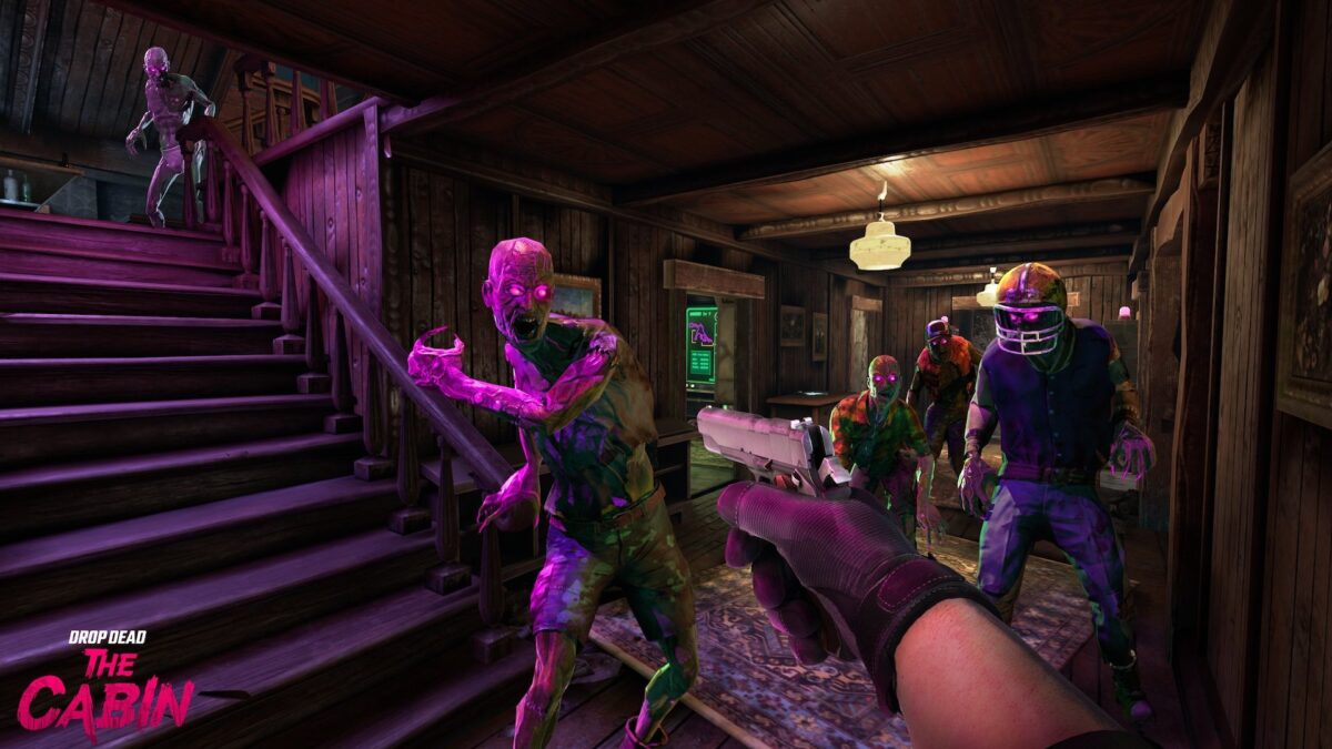 The player targets a group of approaching, aggressive zombies in a forest cabin.