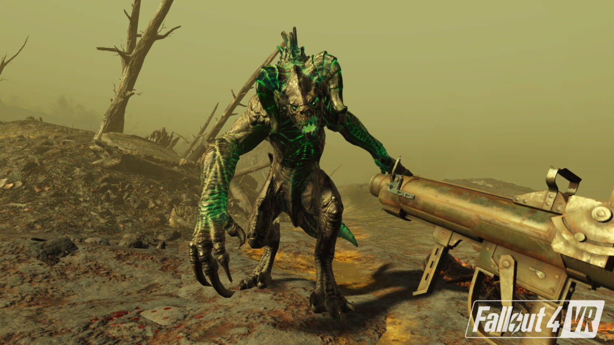 A gun aims at a mutated horned monster from the first-person perspective.