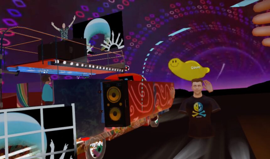 Fatboy Slim rides a party bus in a VR caravan.