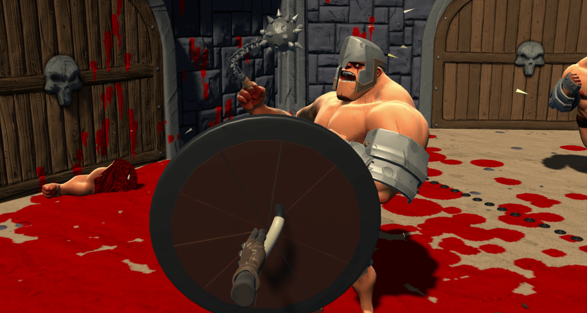 A gladiator strikes the player with a shield with a spiky chain weapon.