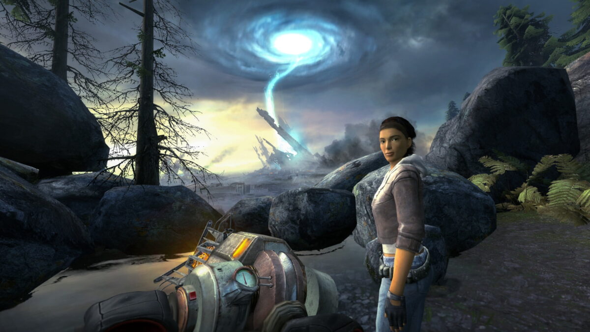 Gordon Freeman and Alyx are standing in front of an emerging super portal that looks like a blue glowing whirlwind.