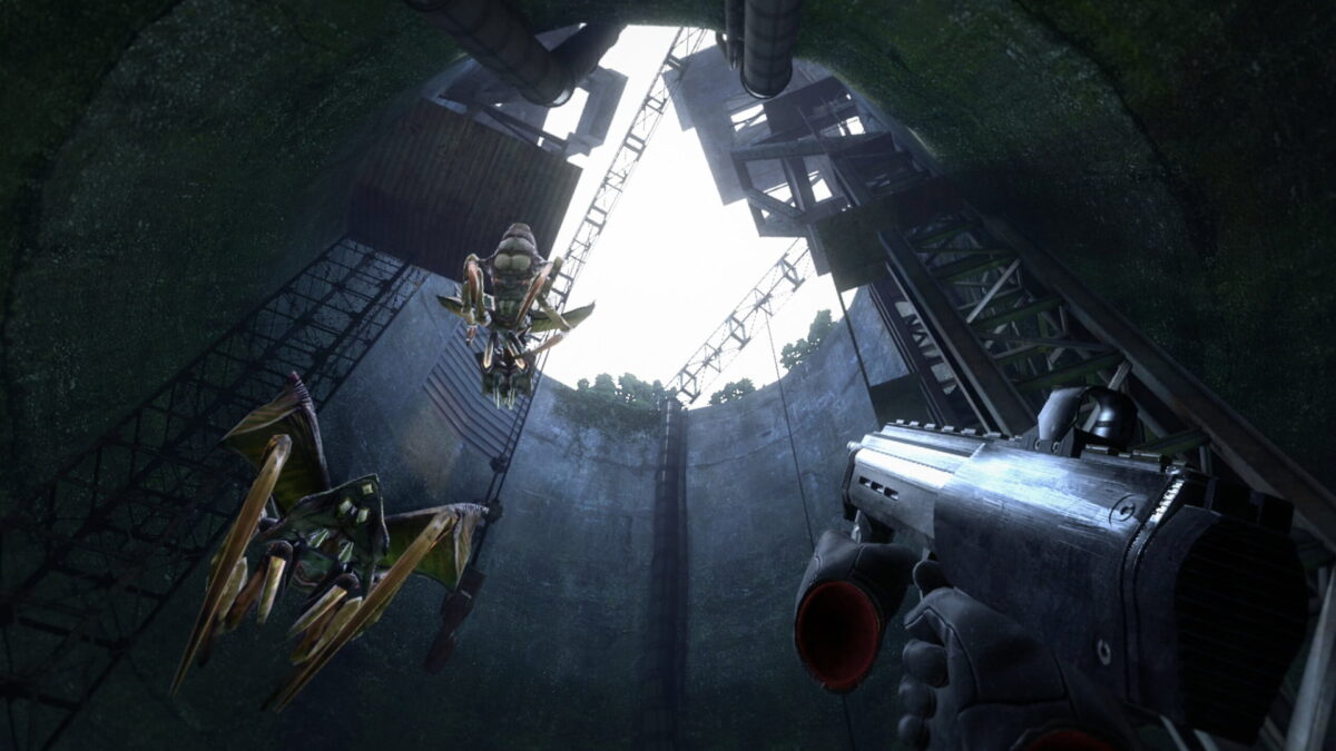 The player is in a silo and looks up, the light is blinding and two Antlions attack from the air.