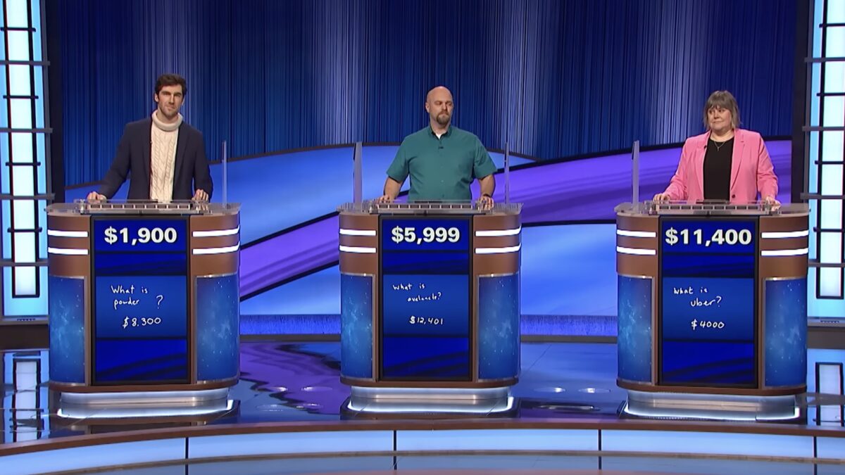 Three contestants from Jeopardy and their answers.