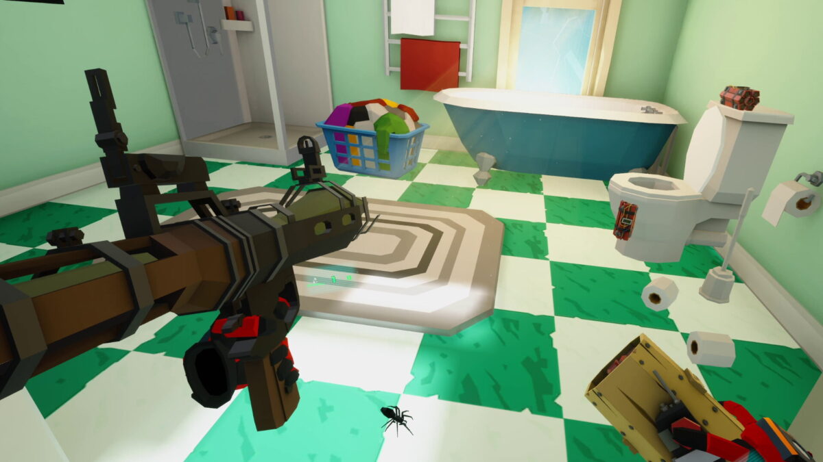 A bazooka aims at a small spider in the bathroom.