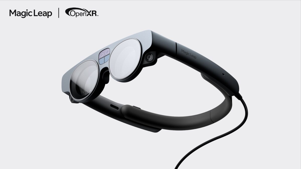 Magic Leap 2 headset shown with the OpenXR logo, an open standard that the AR glasses now support natively.