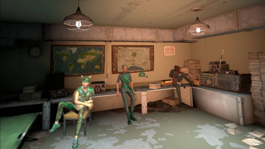 Three people in a bunker. One person sits on a chair, one leans against a desk, one sits on the desk.