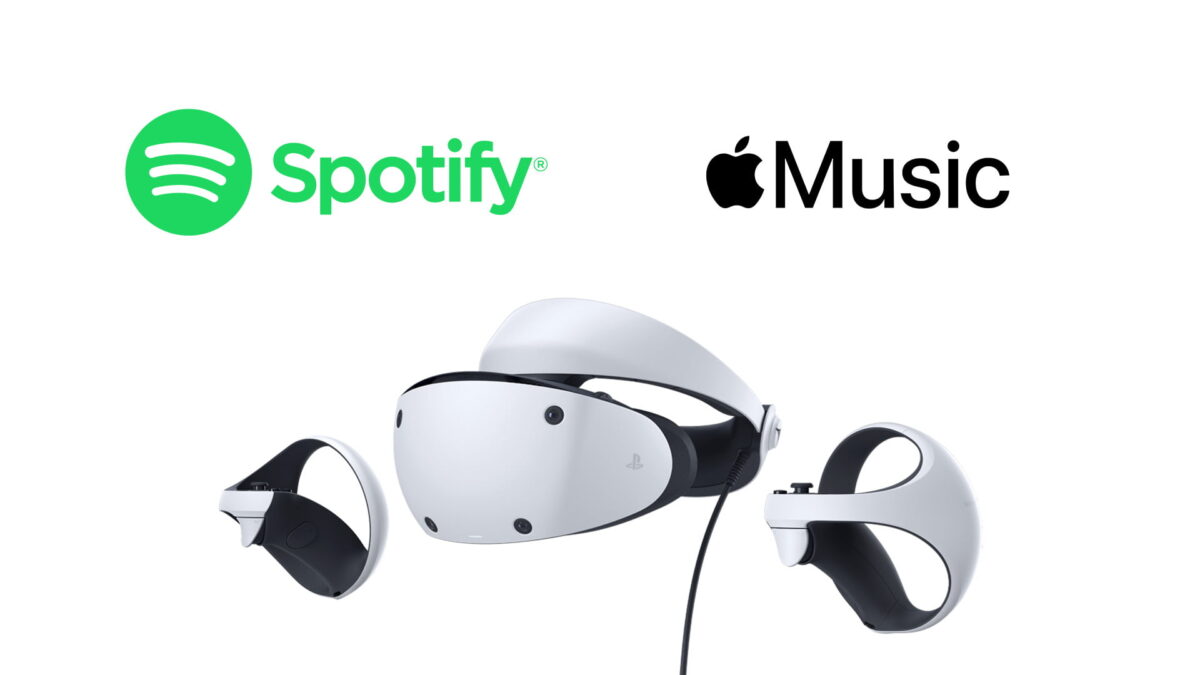 Image of the Playstation VR 2 with logos from Spotify and Apple Music.