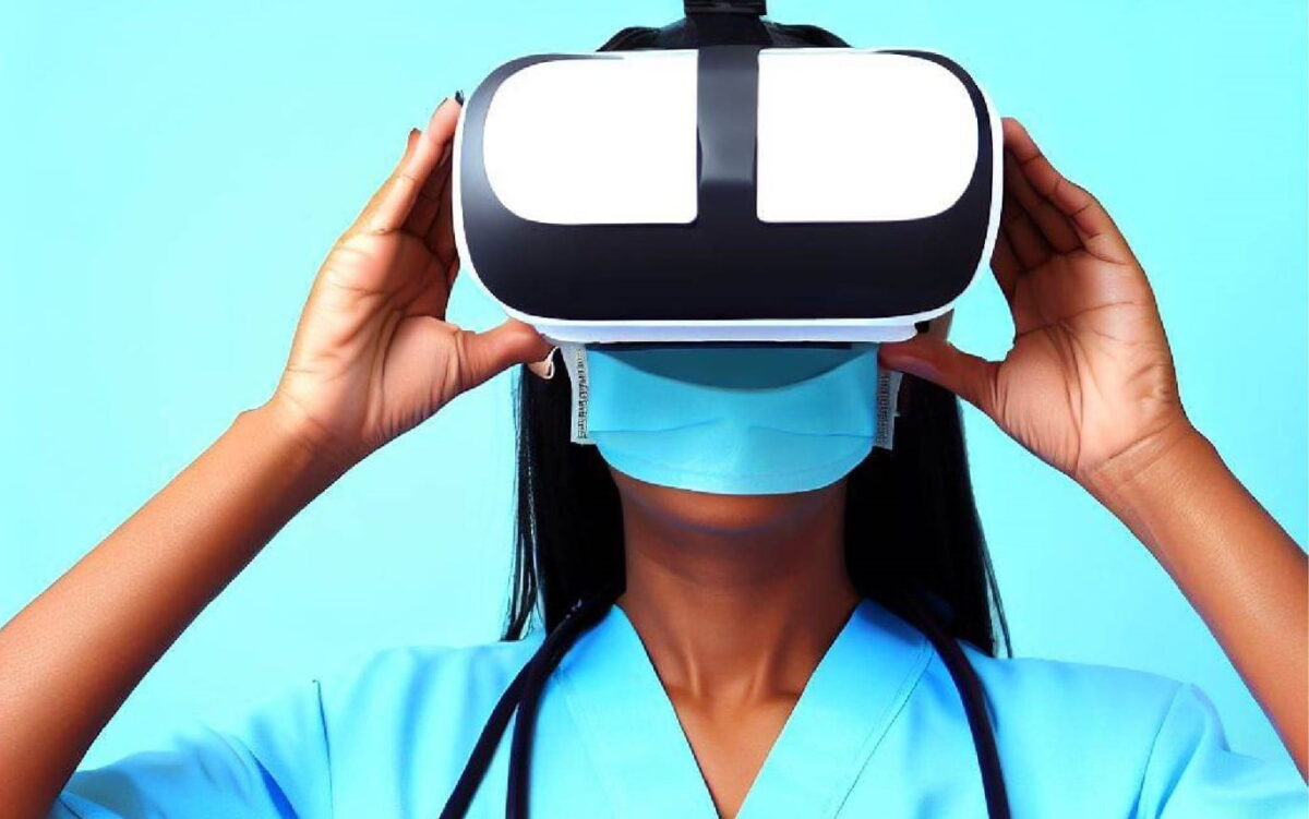 A nurse with a stethoscope around her neck puts on VR headset.