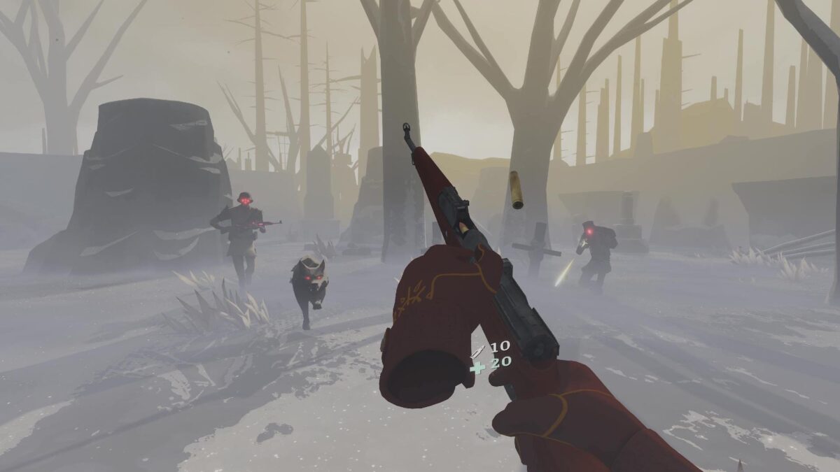 A game scene from The Light Brigade: the player reloads while a dog and two soldiers approach him.