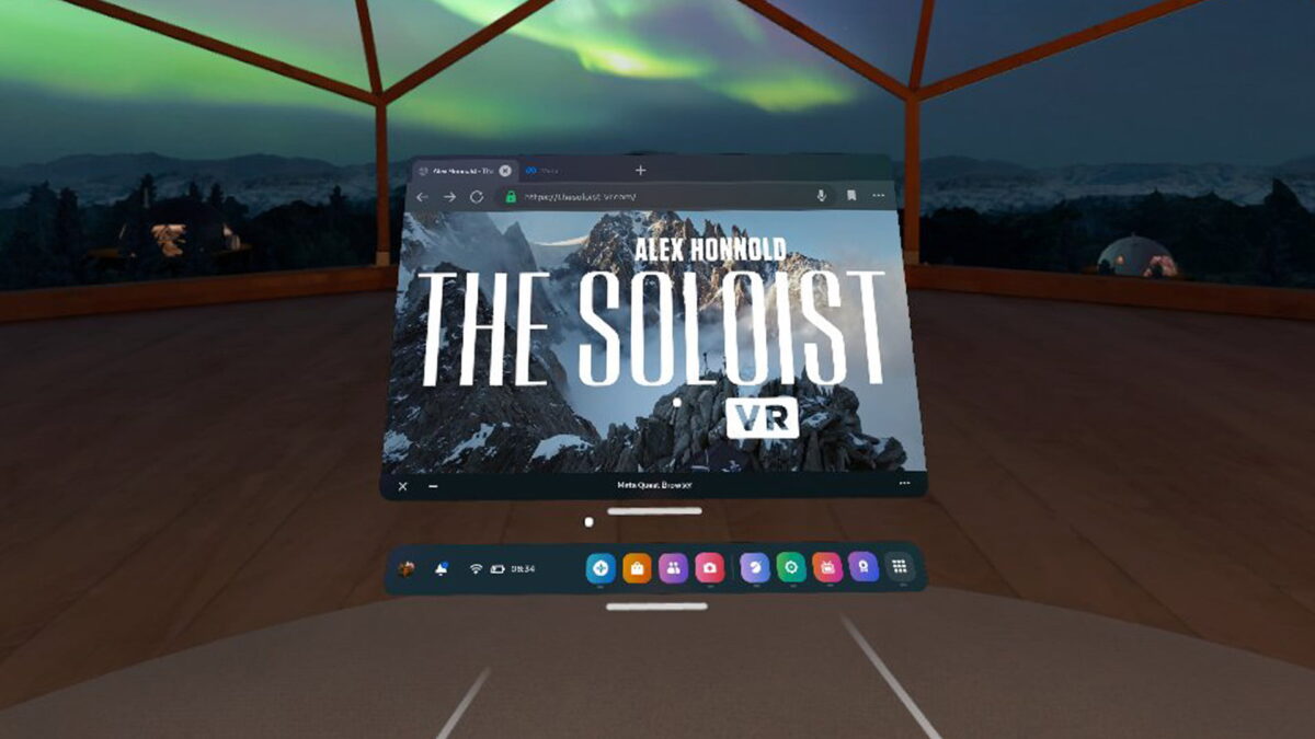 Obraz interfejsu Quest UI i Meta Quest Browser.  Oficjalna strona Soloist VR jest otwarta.