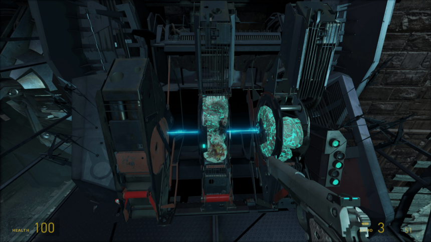 View of a mechanics puzzle with rotating discs in the No VR mod to Half-Life: Alyx.