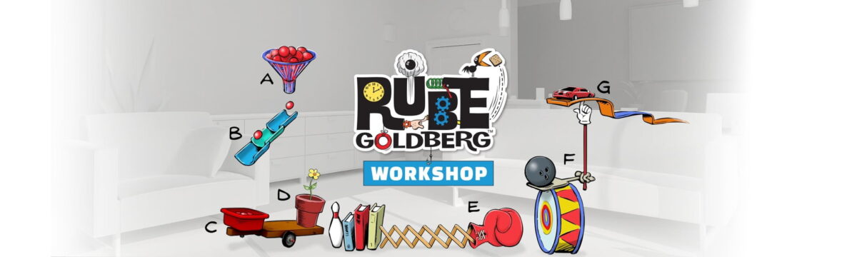 A product image with the inscription "Rube Goldberg Workshop". Around the lettering are placed various elements such as a boxing glove, books or flower pots.