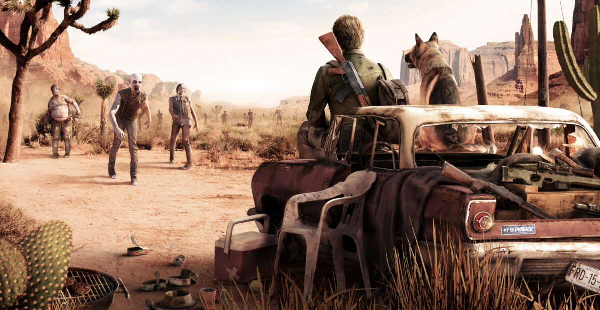 The protagonist and his dog are sitting on a car waiting for an approaching horde of zombies.