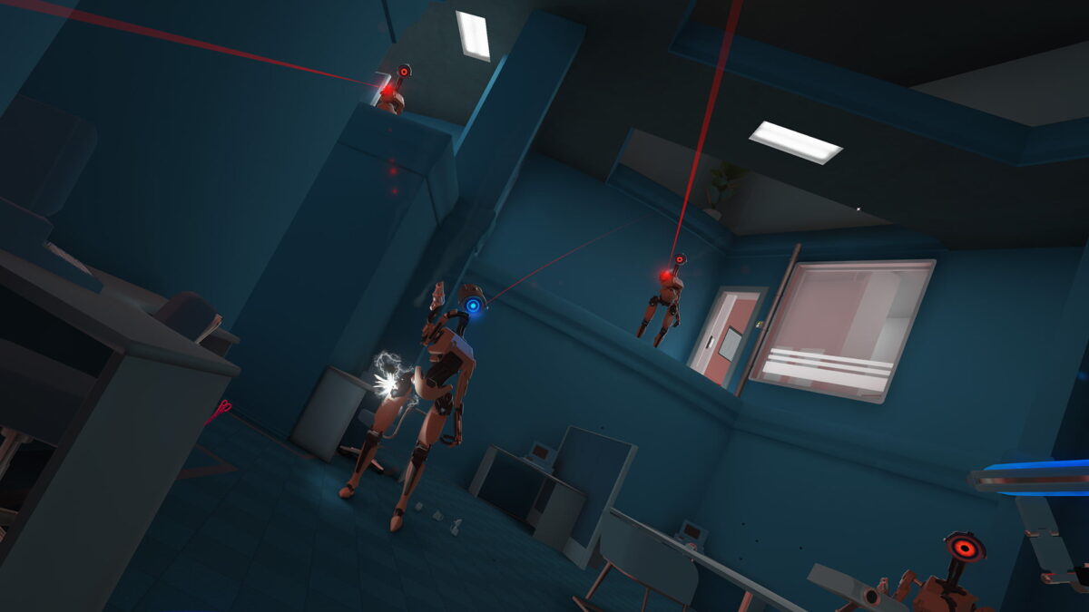 A surplus of robots stands in the dark and targets the player with a laser pointer.