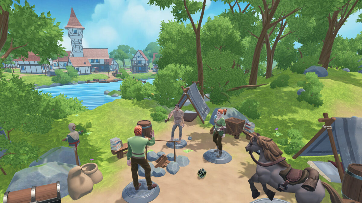 Various game characters stand around a campfire in the forest in the VR game Dungeon Full Dive.