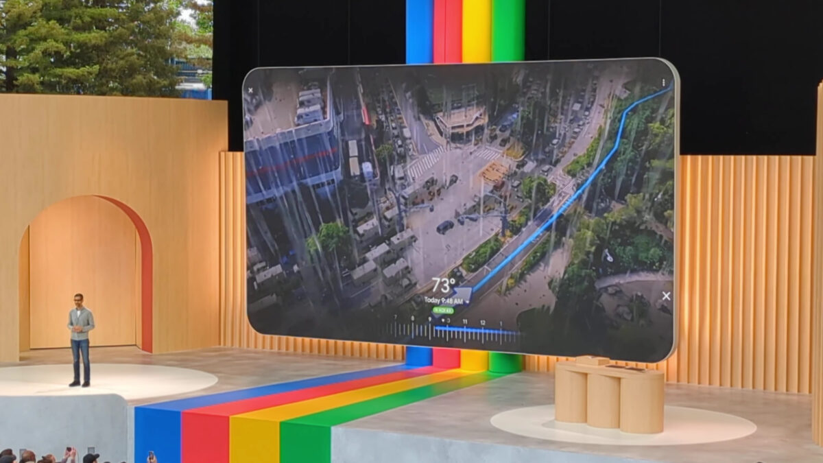 A presentation at Google I/O 2023 shows a demo of Immersive View for Routes in Google Maps on a large screen.