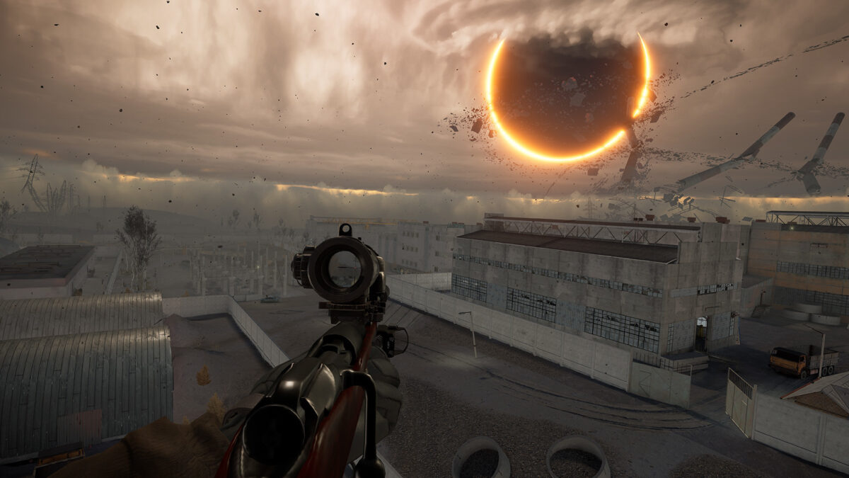 Game scene from the PC VR version of Into The Radius, showing a sniper rifle, a building complex and a solar eclipse.