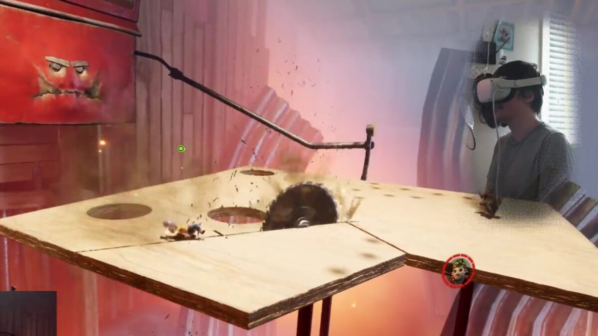 A clip from the game It Takes Two shows game pieces cavorting around a circular saw on a wooden board.