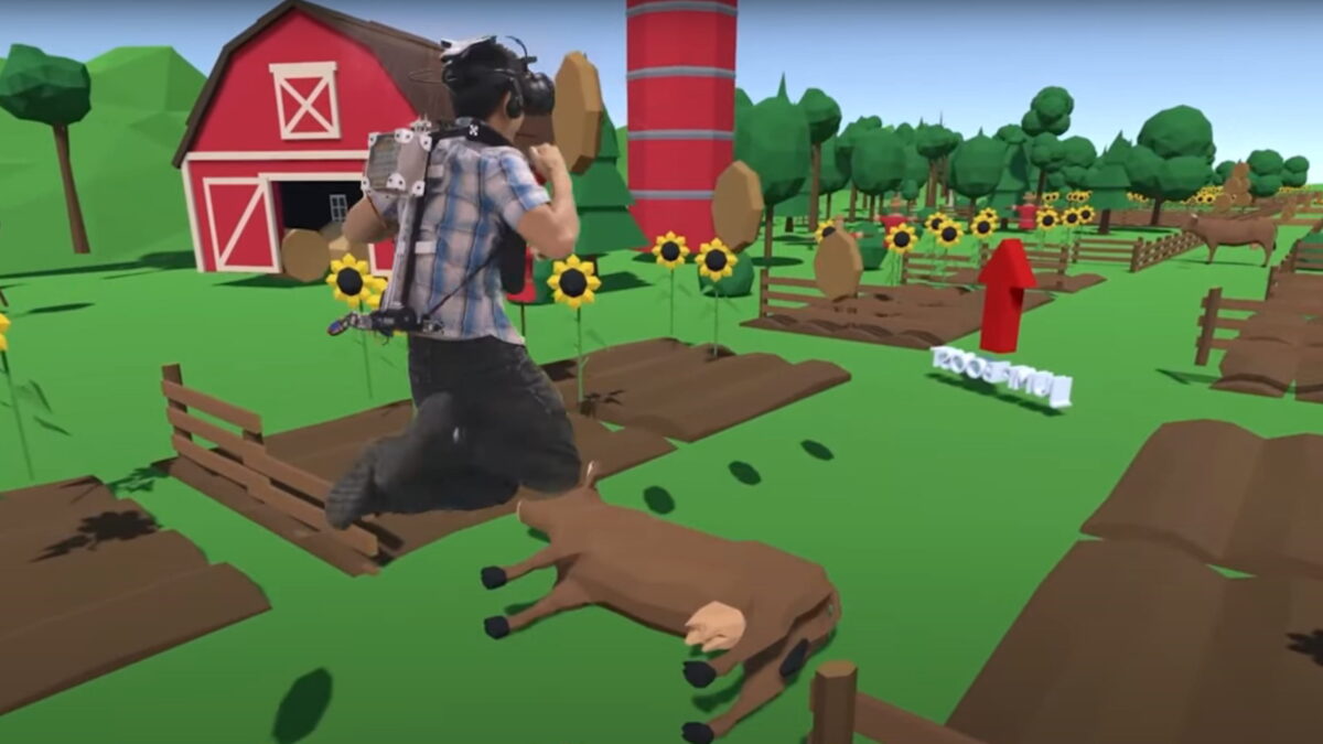 Man with JumpMod backpack jumps over cow in colorful VR game