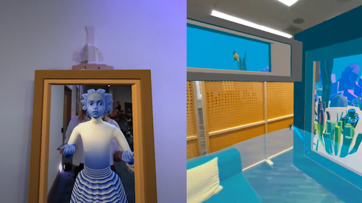 Two screenshots of the mixed reality apps that won the meta hackathon: A mirror with an avatar (left), a flooded living room (right).
