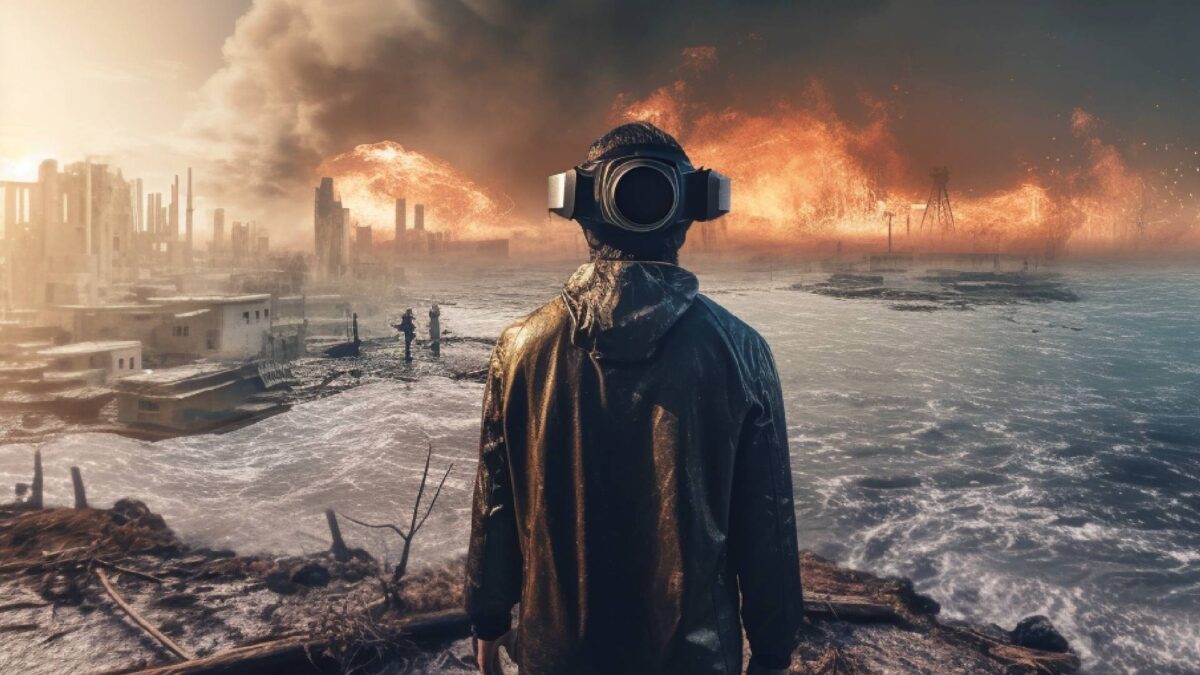 A man stands in a destroyed landscape. Dark clouds are in the sky. Everything is flooded and there is fire in the sky.