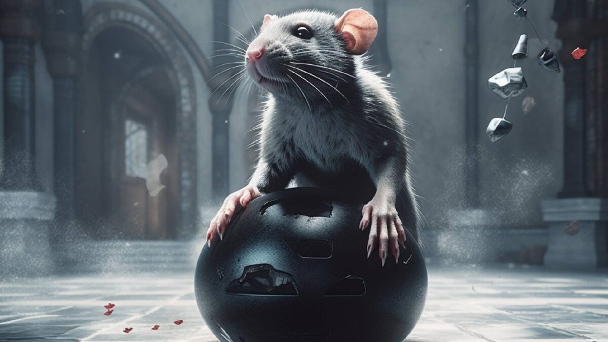 A rat stands on a floating ball and holds on to it.