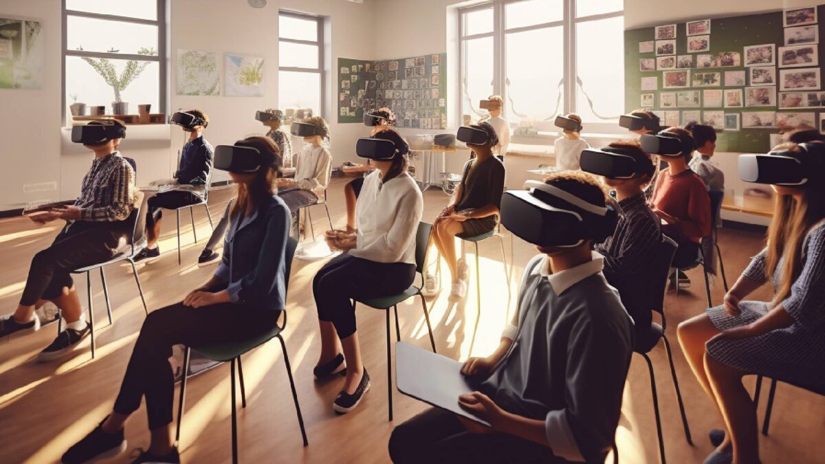 Students in a classroom. They all wear VR headsets.