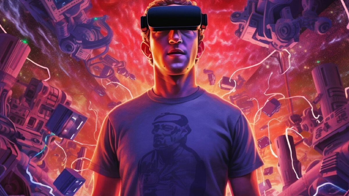Mark Zuckerberg with VR headset. An explosion can be seen in the background.