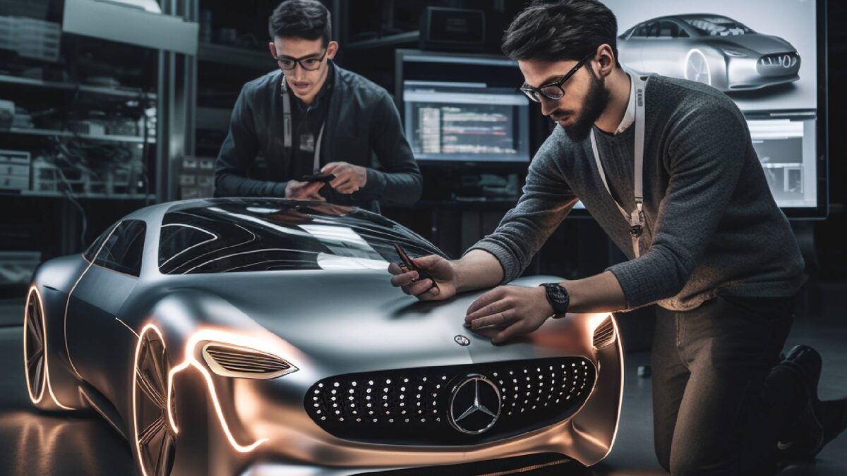 Two engineers designing a Mercedes-Benz car.