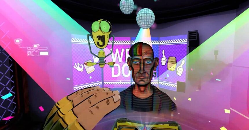 Parti ışıkları ve disko topları.  Bir adamın hologramı.  Yanında küçük bir robot geziniyor.
