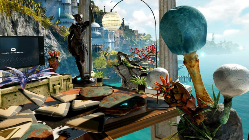 Oculus Home with numerous objects and an ancient-looking city in the background.