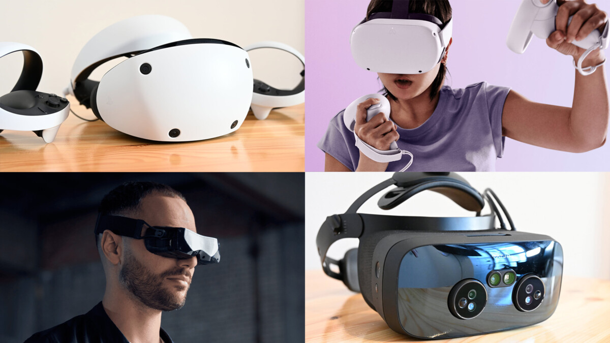 Picture of PSVR 2, Quest 2 (worn by a woman), Bigscreen Beyond (worn by a man), Varjo XR-3 Focal Edition.