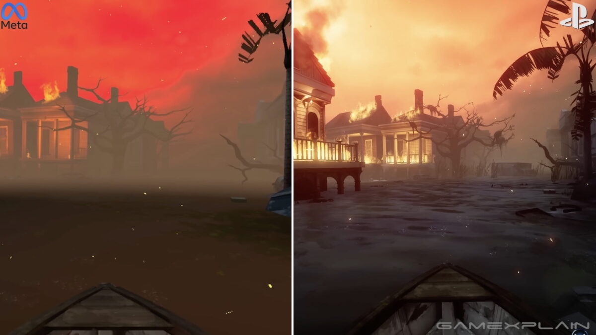 The same game scene (a boat ride on a river in New Orleans with burning buildings), once on Meta Quest 2 (left), once on PSVR 2 (right). The latter has significantly more details and better lighting effects.