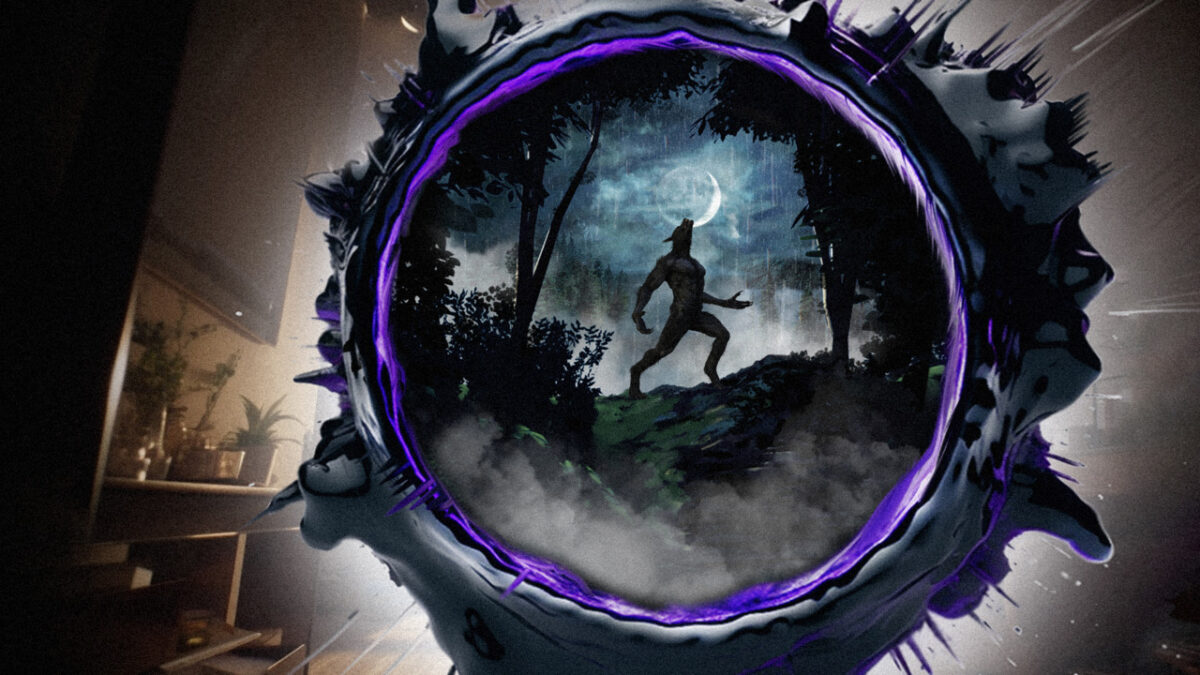 A circle with a purple border. Inside the circle is a howling werewolf.