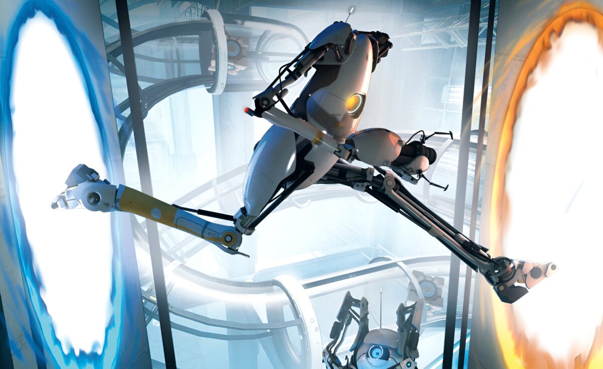 On the artwork for Portal 2, a white robot jumps through two portals.