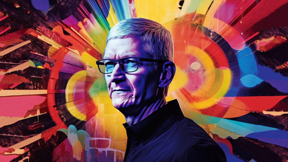 A MidJourney render of Tim Cook with a serious look, standing in front of a vibrant, chaotic background.