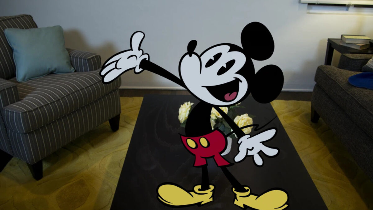 A digital Mickey Mouse in an AR application of the Apple Vision Pro.