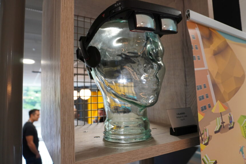 Ndreams' studio foyer features numerous headset rarities.  Virtual IO's I-Glasses were advertised in 1995 as anesthesia replacement at the dentist, among other things.
