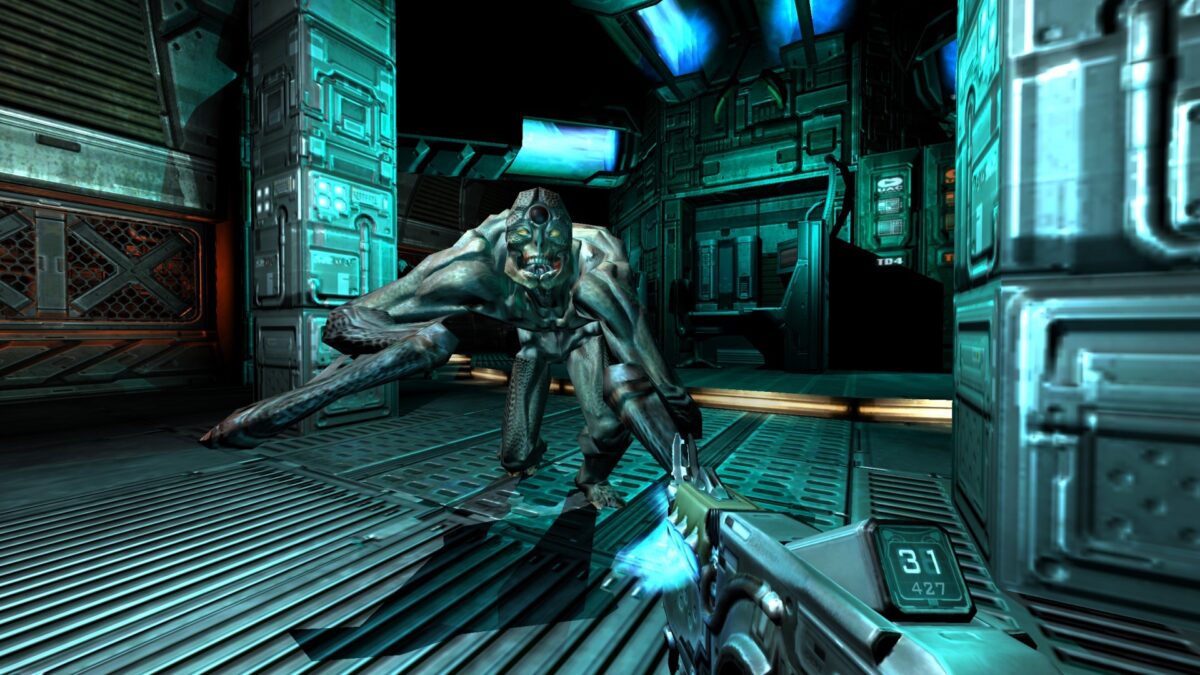 A monster with claws sneaks up on the player in this game scene from Doom 3.