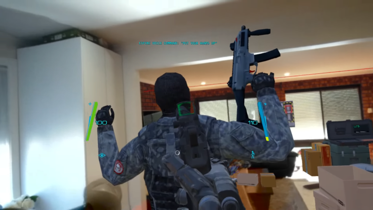 A surprised virtual soldier in the real kitchen raises his hands.