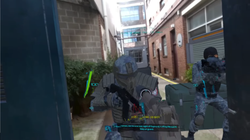 View of two virtual soldiers in the AR video image of a real alley.
