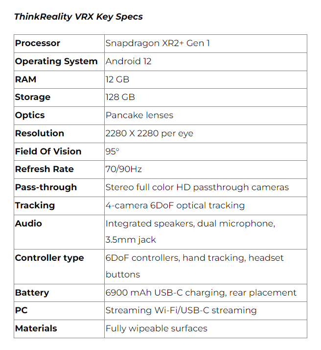 Lenovo ThinkReality VRX teknik özelliklerini içeren bir tablo.