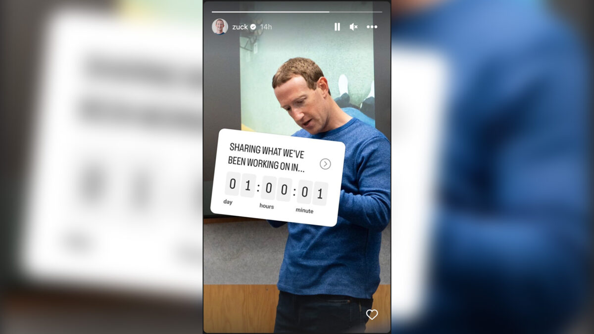 Mark Zuckerberg is holding something in his hands, obscured by a countdown.