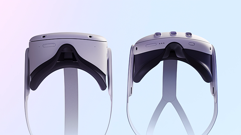 VR headsets Quest 2 and Quest 3 compared side by side in front of a blue background.