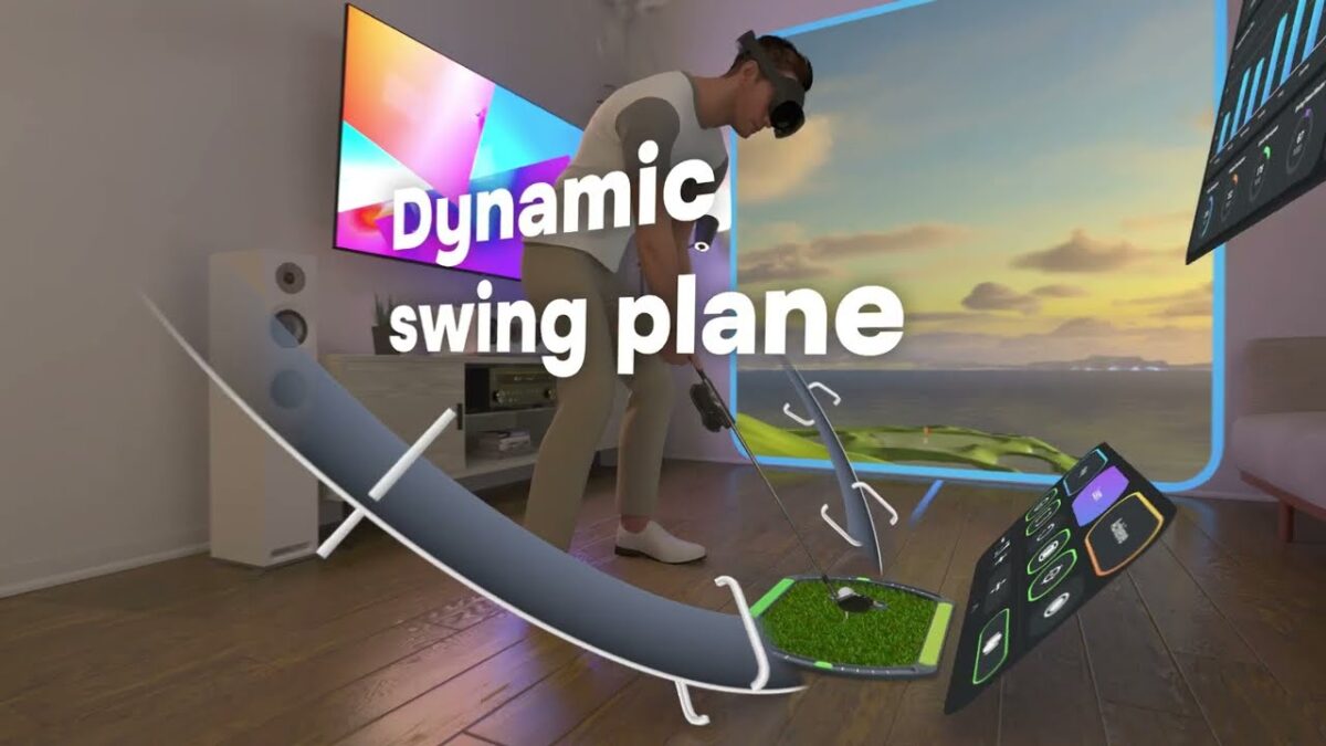 A golfer trains with Swing Genius and a Quest Pro in the living room.