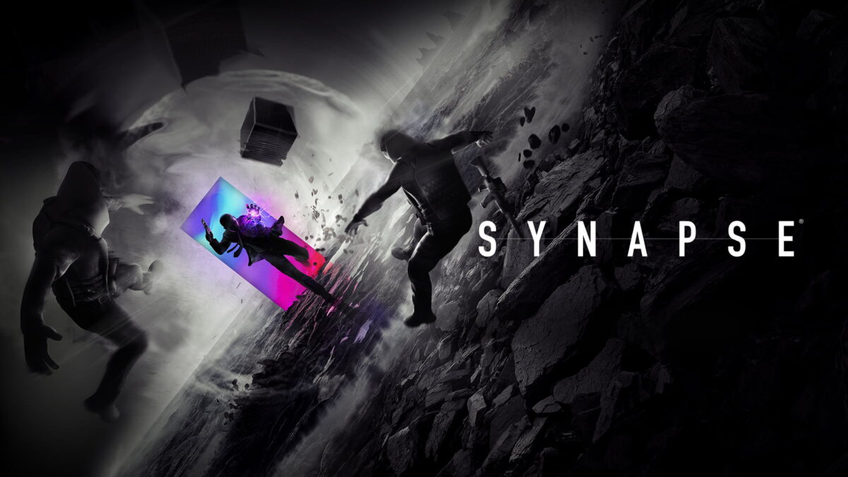 An artwork for Synapse with fighting enemies in front of a multicolored portal.