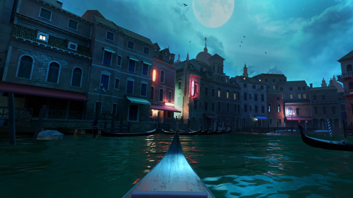 The player sits in a gondola and travels through a canal in Venice at night.