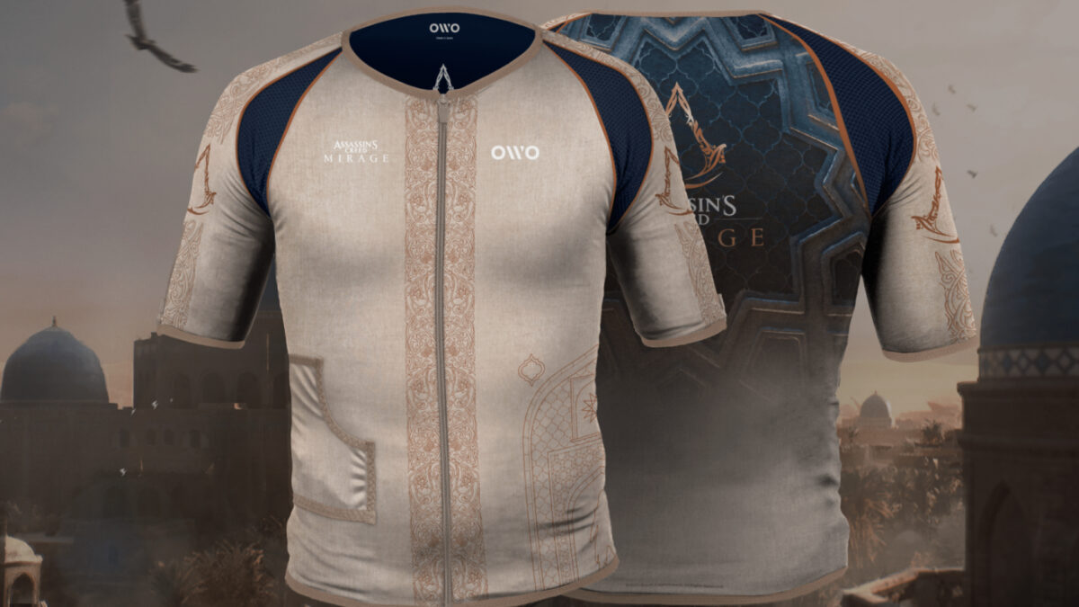 The haptic t-shirt OWO Skin in Assassin's Creed Mirage design.