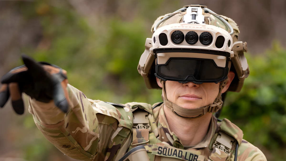 A U.S. Army soldier with the IVAS 1.2 military hololens points into the distance.